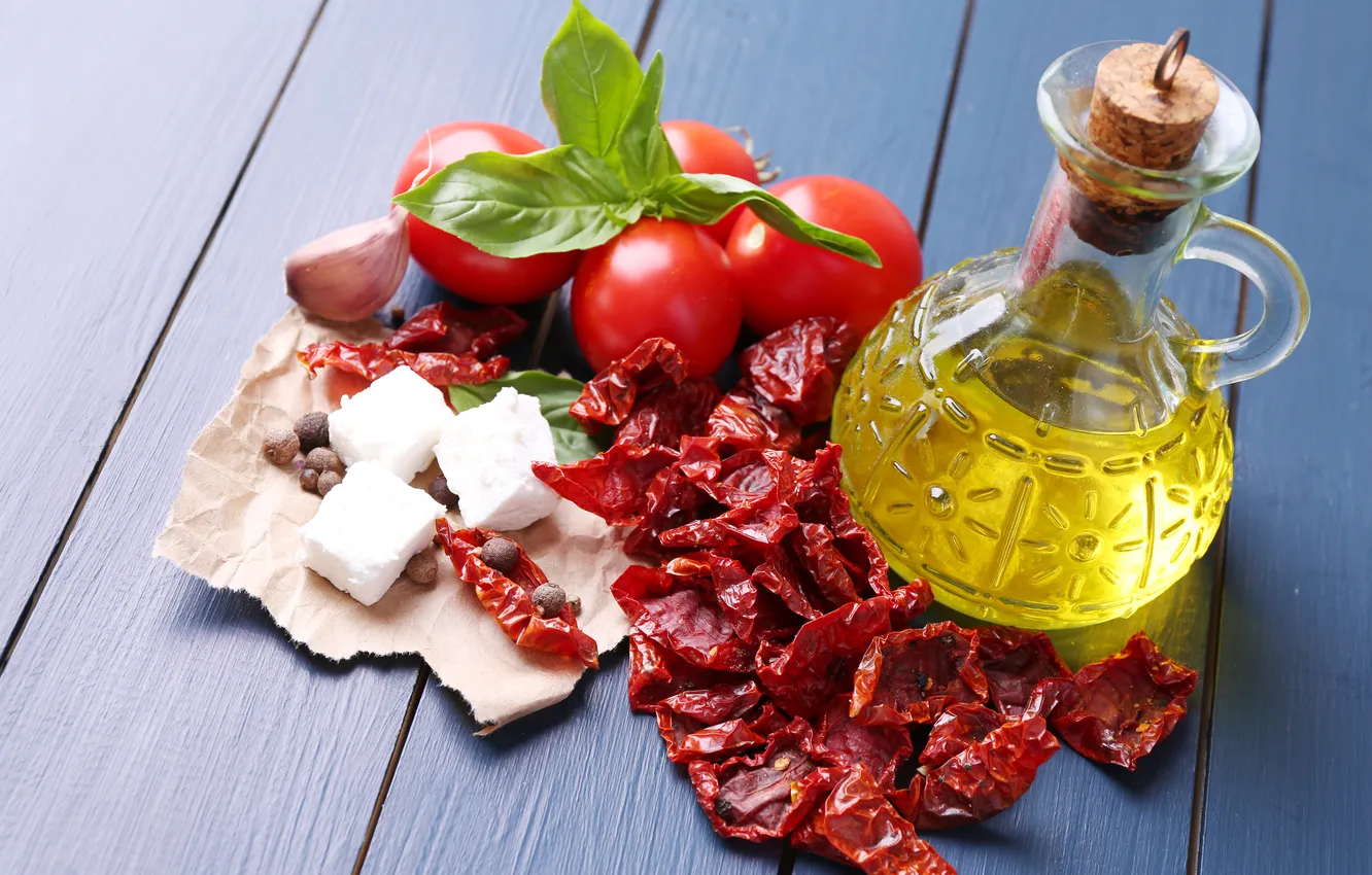 Photo wallpaper cheese, pepper, tomatoes, olives