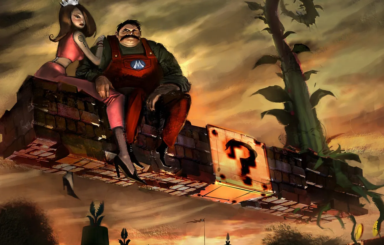 Photo wallpaper plant, brick, Mario, Princess, super, 8bit, coin