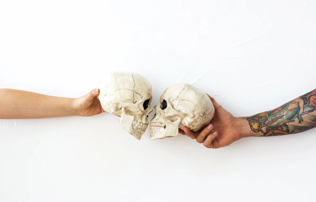 Photo wallpaper skull, kiss, hands, tattoo, tattoo