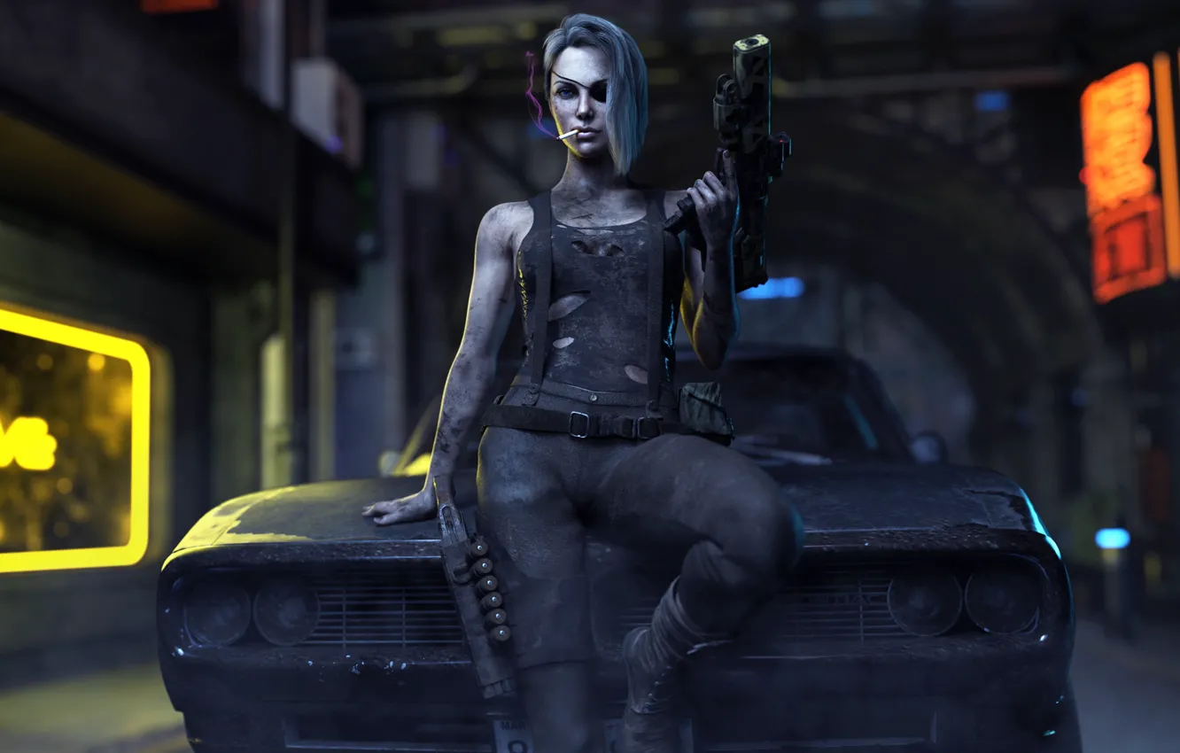 Photo wallpaper machine, look, girl, weapons, dirt, cigarette, headband, CD Projekt RED