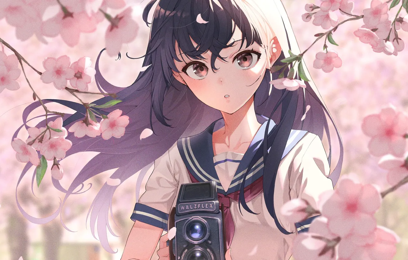 Photo wallpaper girl, spring, camera, schoolgirl, flowering