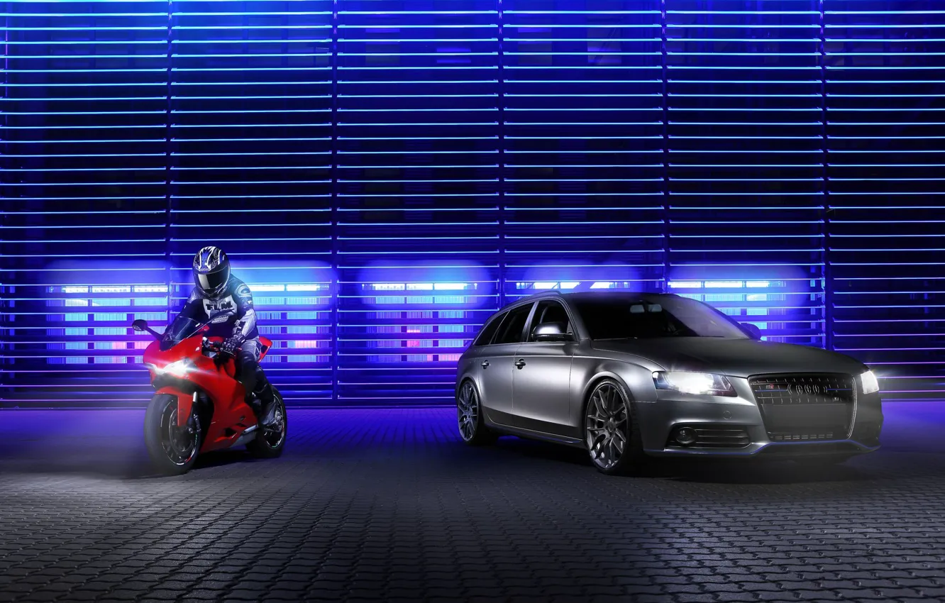Photo wallpaper Audi, red, Ducati, motorcyclist, front, silvery, Before, sport bike