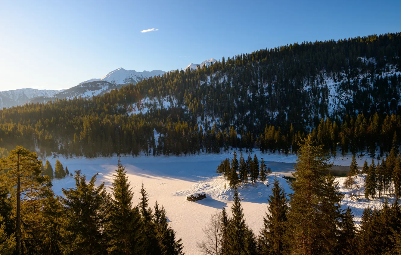 Photo wallpaper snow, mountains, lake, Switzerland, Lake Cauma, Flims