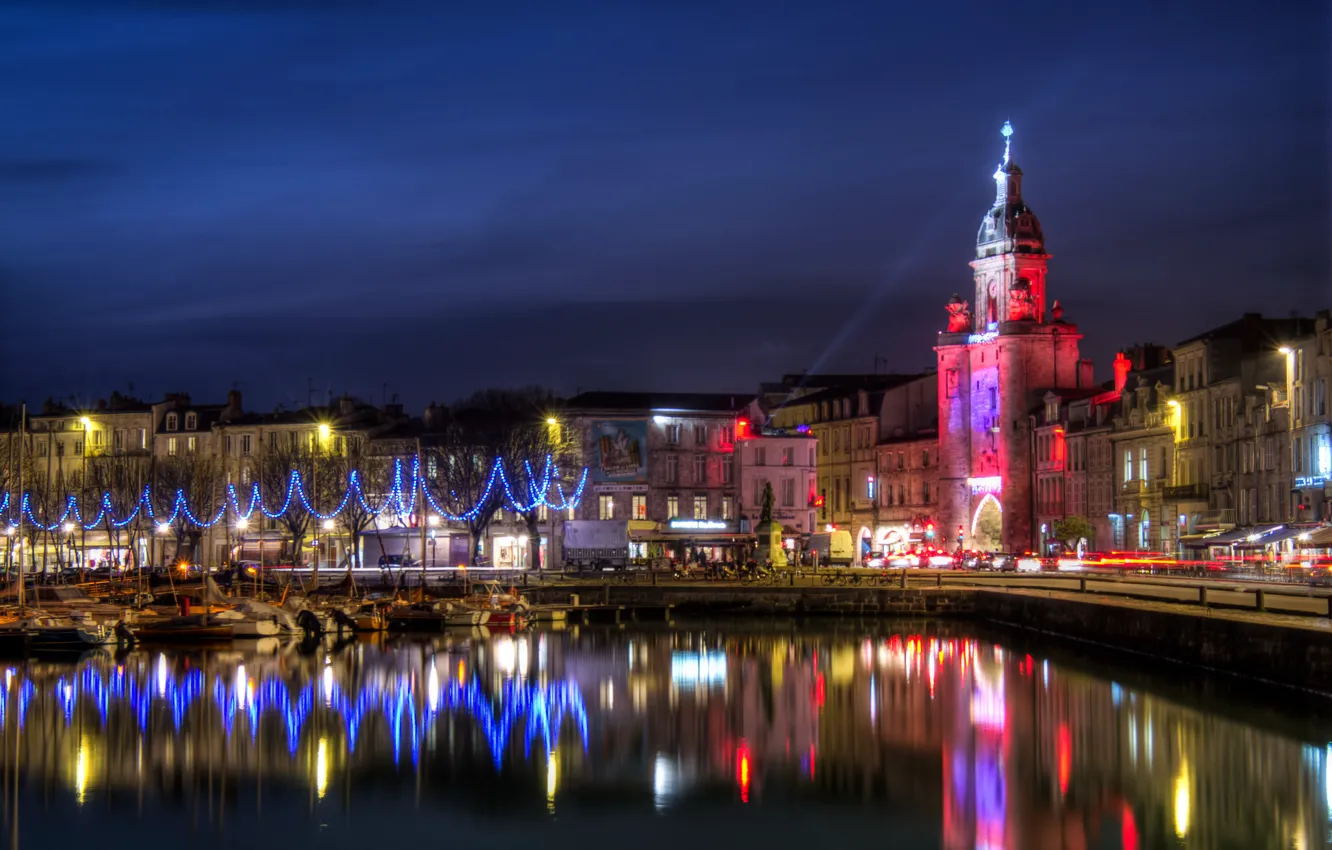 Photo wallpaper night, the city, river, photo, France, home, La Rochelle
