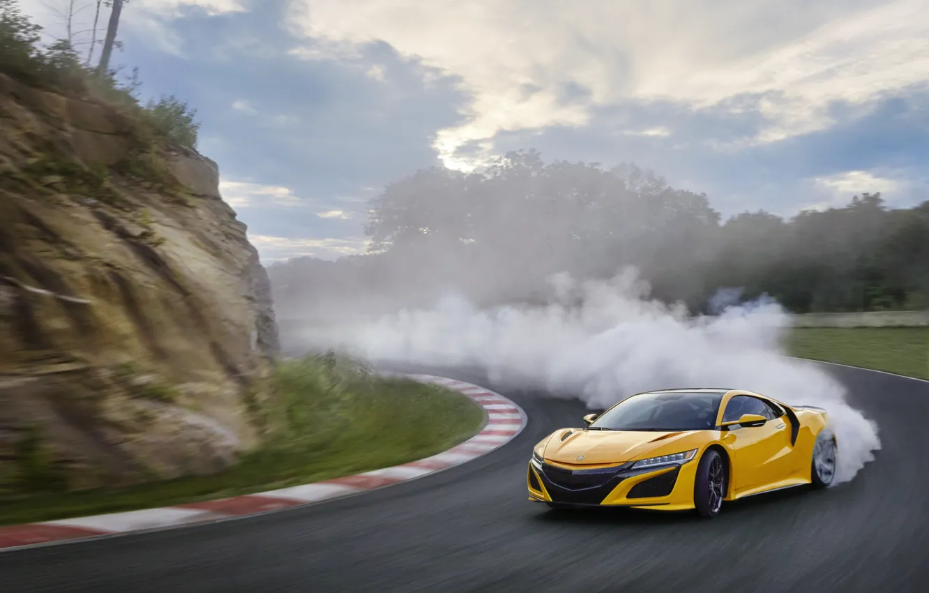 Photo wallpaper smoke, turn, skid, Machine, Honda, track, Acura, NSX