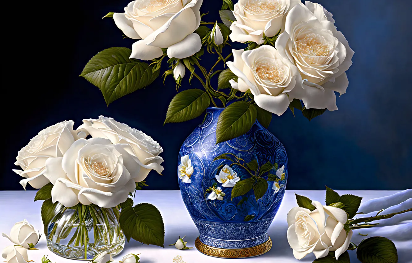 Photo wallpaper flowers, roses, bouquet, still life, AI art, neural network