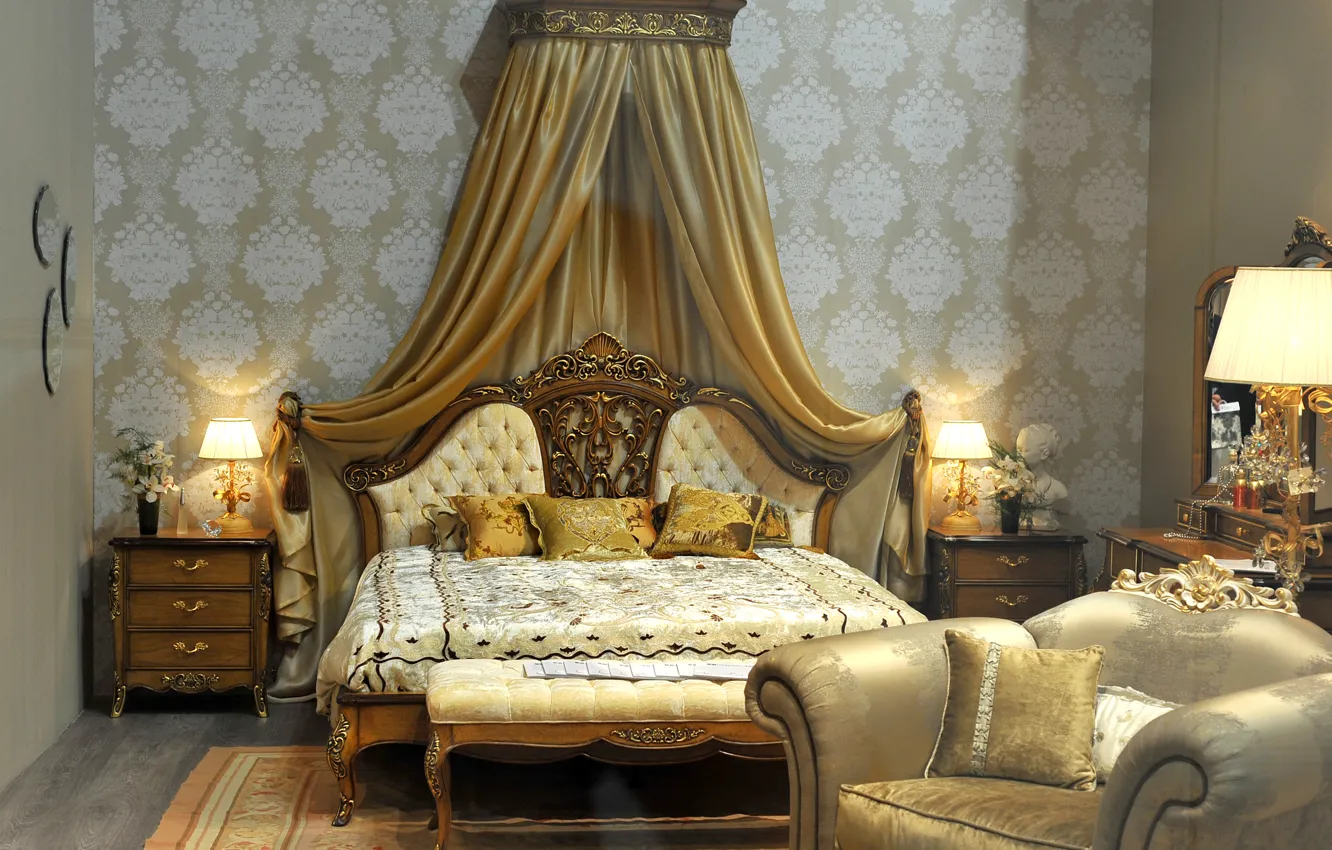 Photo wallpaper design, style, bed, interior, chair, pillow, lamp, luxury