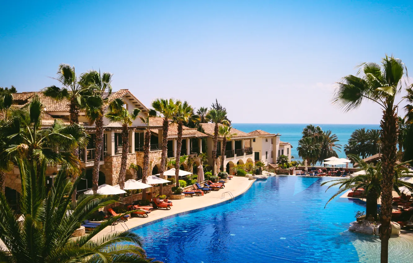 Photo wallpaper sea, palm trees, view, pool, resort, Cyprus