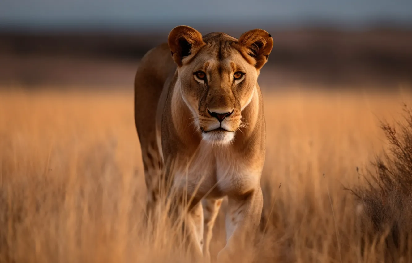 Photo wallpaper look, Savannah, Africa, lioness, front, big cat, predator, digital art