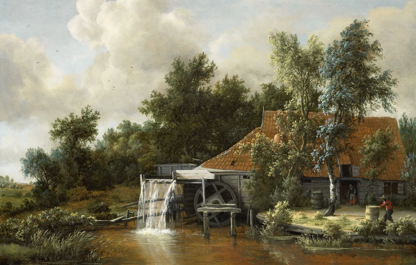 Photo wallpaper landscape, oil, picture, water mill, Meindert Hobbema