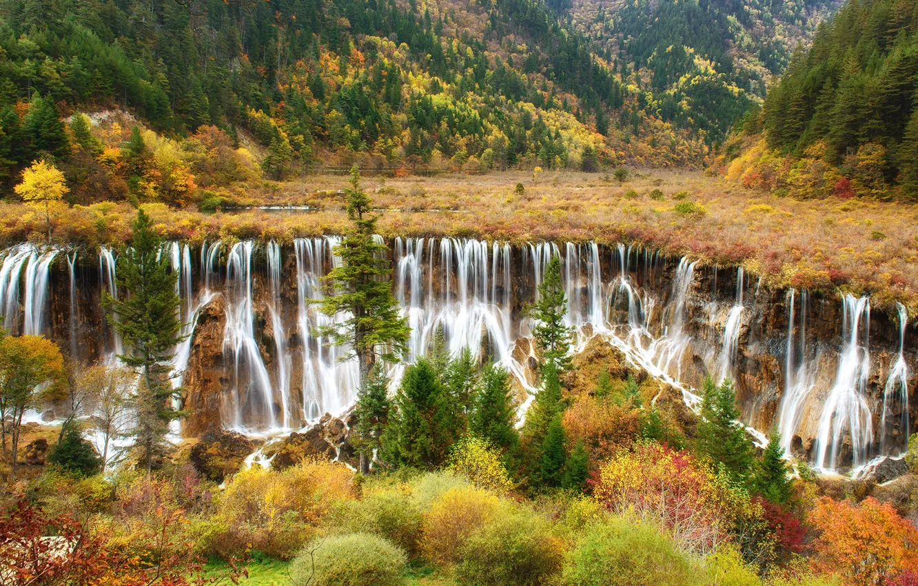 Photo wallpaper autumn, forest, water, waterfall, threads