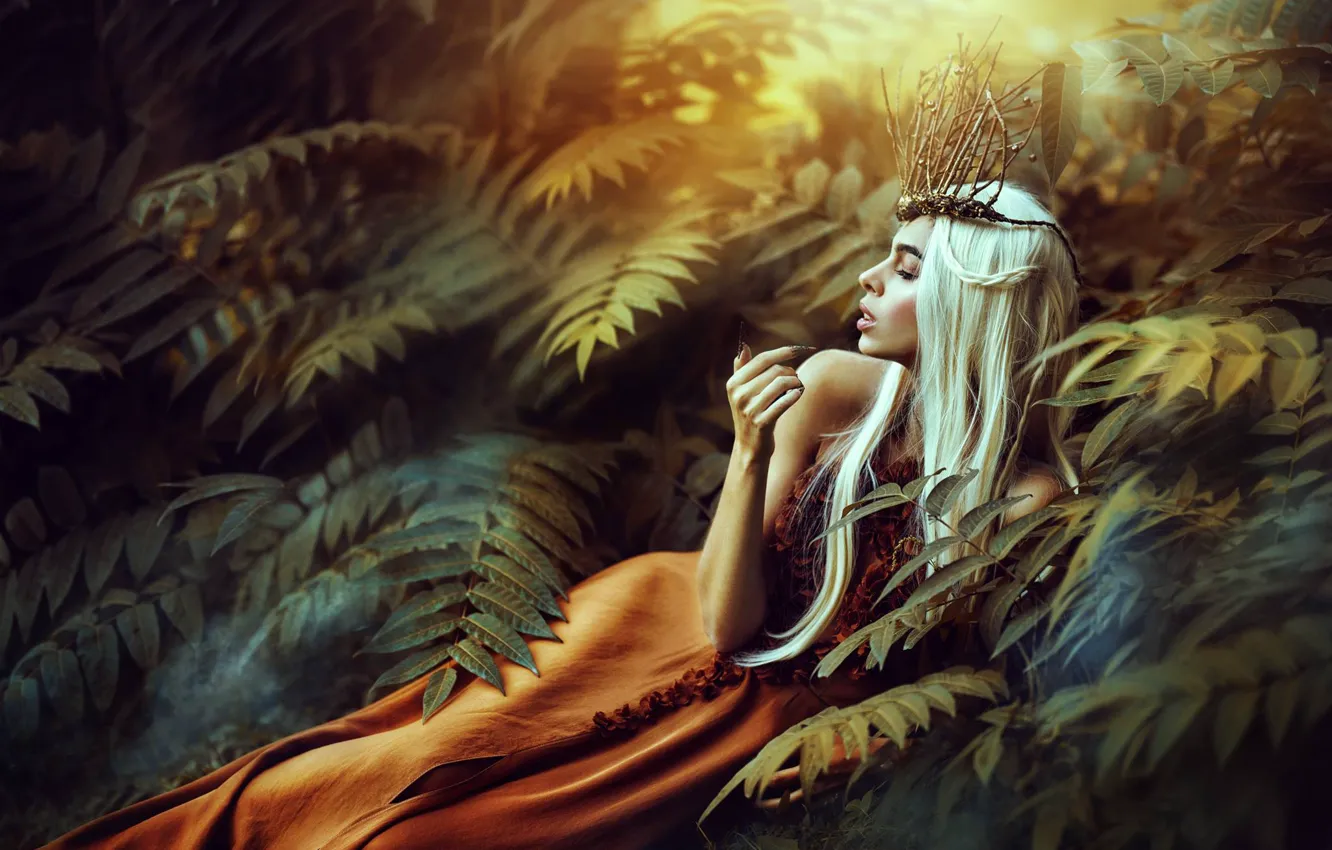 Photo wallpaper leaves, girl, pose, dress, Ronny Garcia, Autumn queen, Javiera Molina