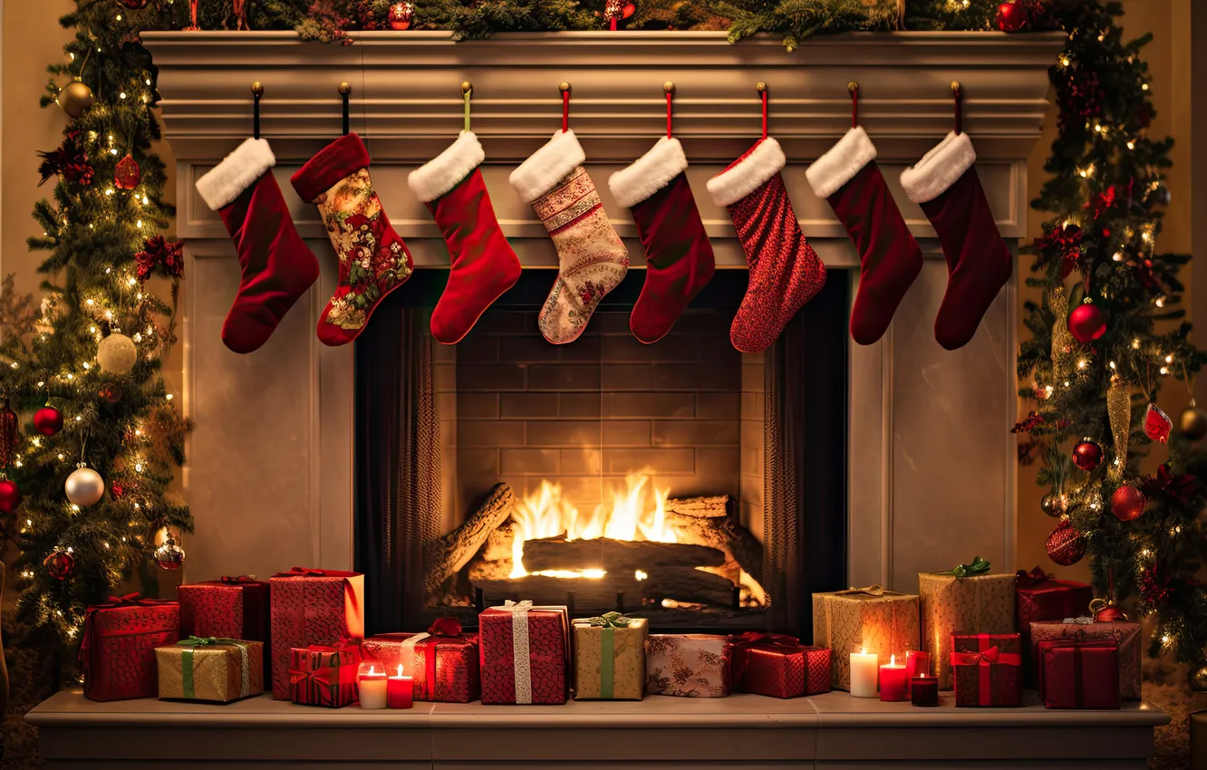 Photo wallpaper decoration, room, gift, tree, new year, interior, Christmas, fireplace