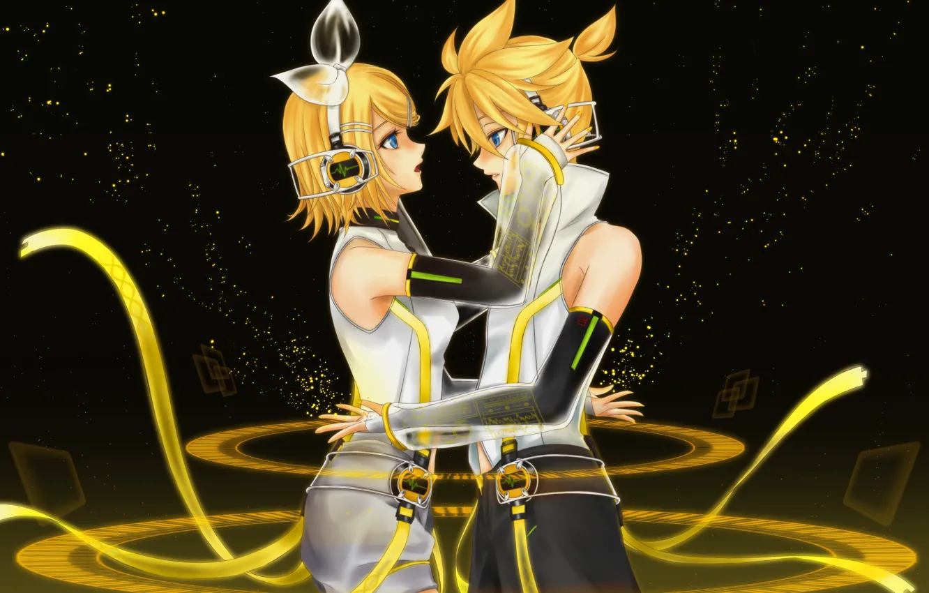 Photo wallpaper anime, ring, art, vocaloid, two, black background, Vocaloid, Kagamine Len