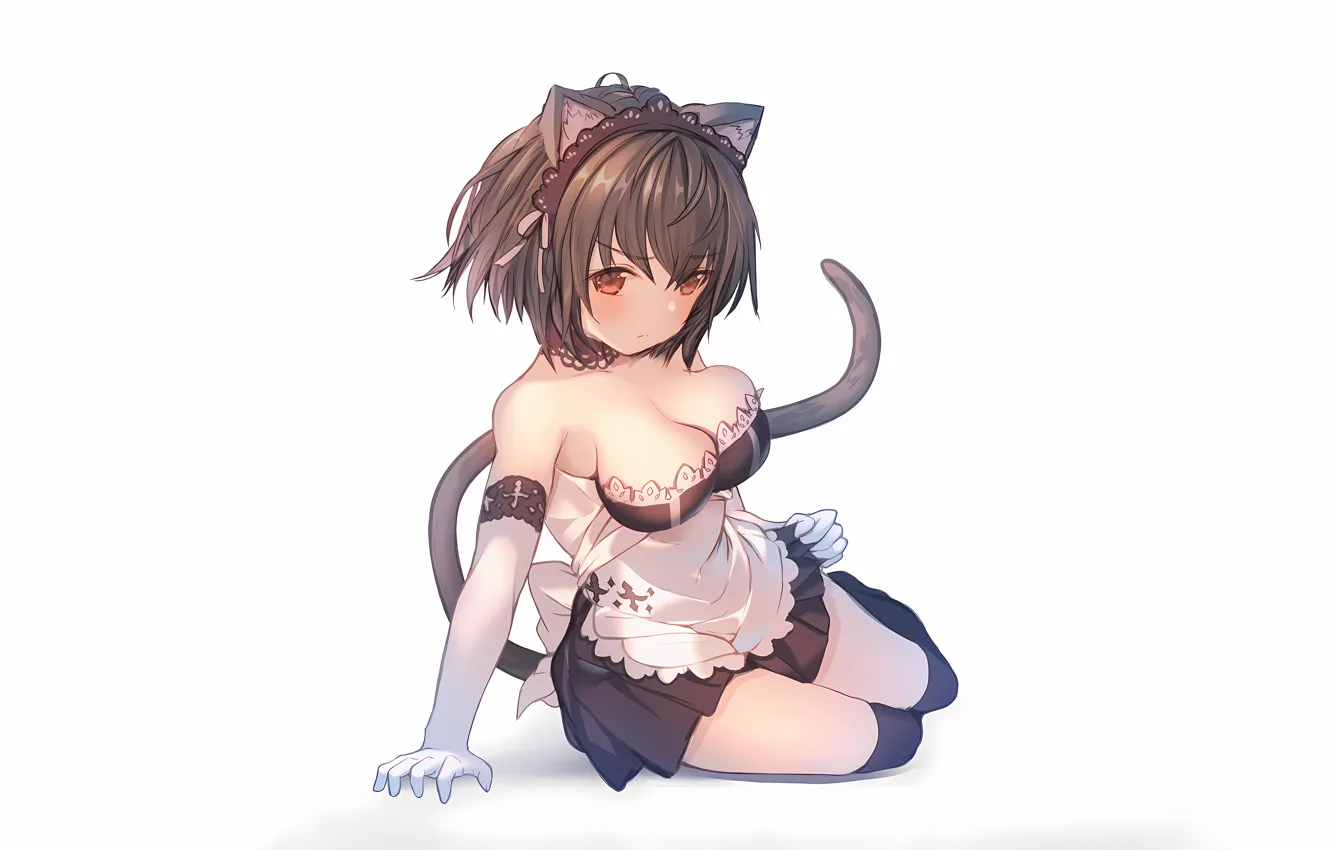 Photo wallpaper girl, sexy, cleavage, thighhighs, dress, legs, brown hair, boobs