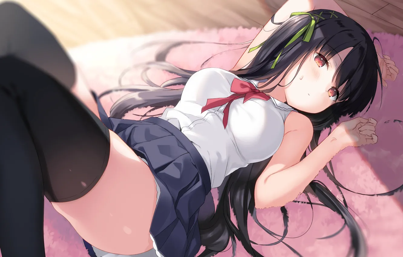 Photo wallpaper girl, sexy, school uniform, thighhighs, long hair, boobs, anime, beautiful