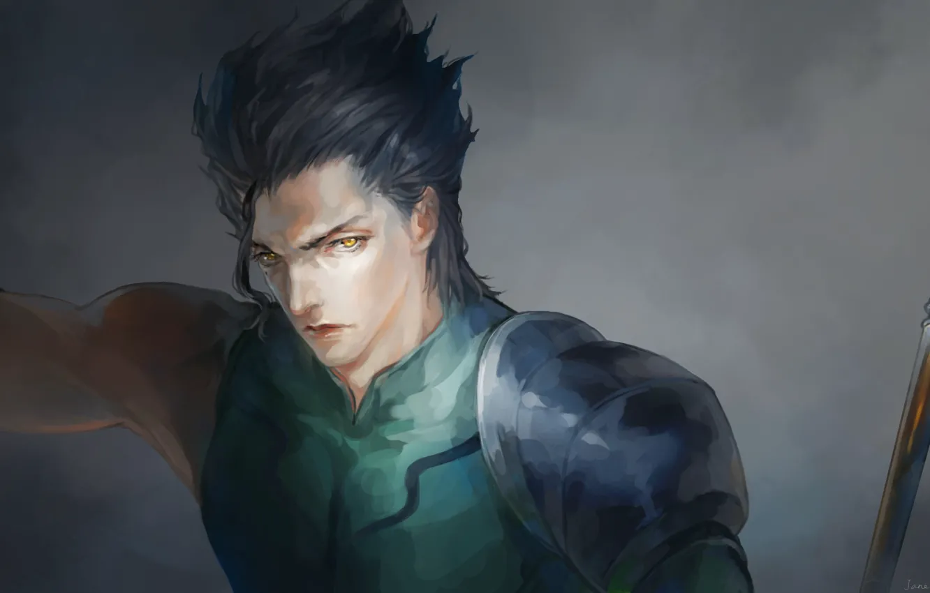 Photo wallpaper warrior, Lancer, guy, grey background, art, Janemere, The fate of the beginning, Fate / Zero