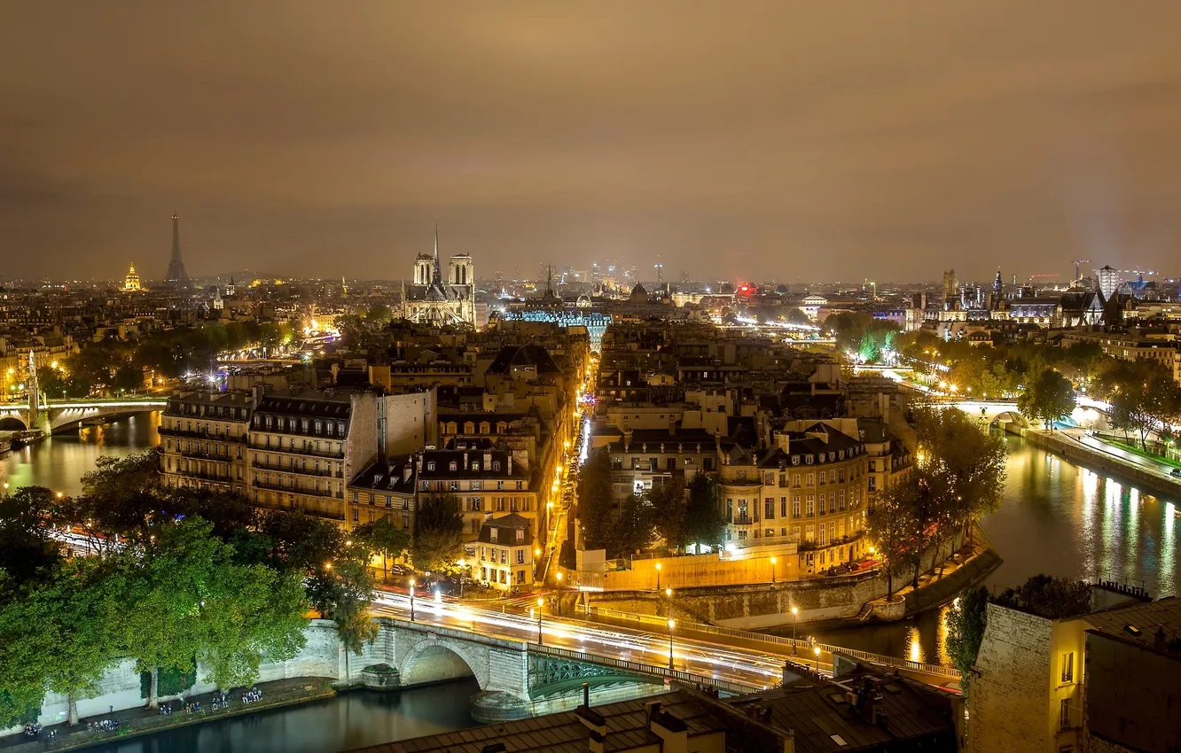 Photo wallpaper night, bridge, the city, river, street, France, Paris, building