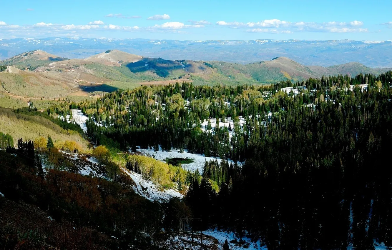 Photo wallpaper the sky, snow, trees, landscape, nature, mountains. forest