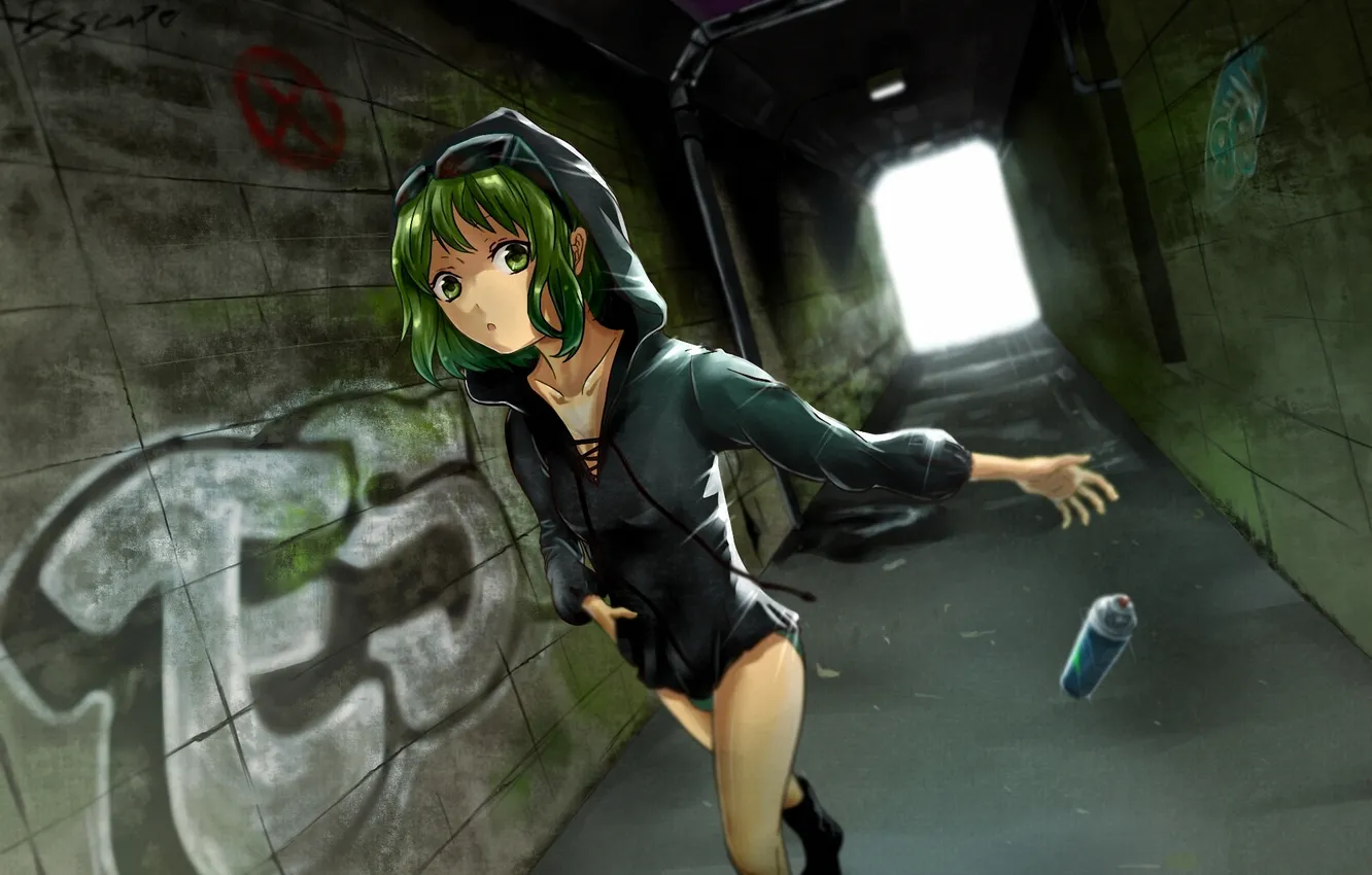 Photo wallpaper girl, glasses, hood, the tunnel, grafiti, vocaloid, spray, gumi