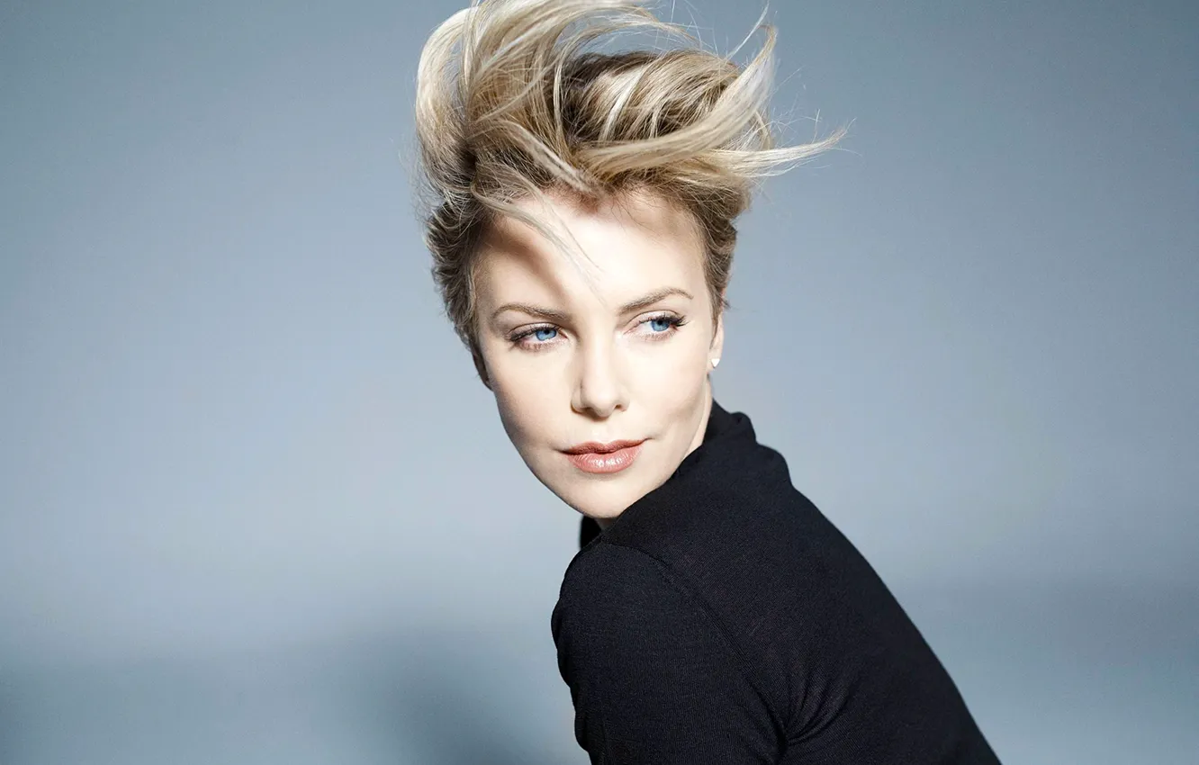 Photo wallpaper eyes, look, face, background, blue, Charlize Theron, actress, blonde