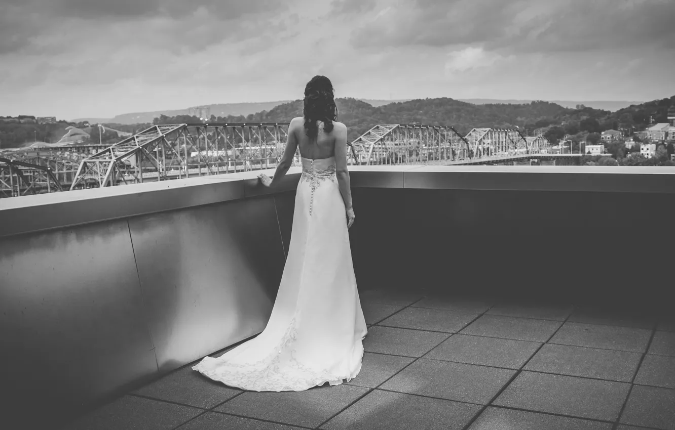 Photo wallpaper girl, white, back, dress, b/W, black and white, the bride