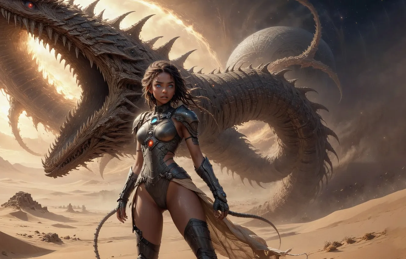 Photo wallpaper girl, desert, monster, being