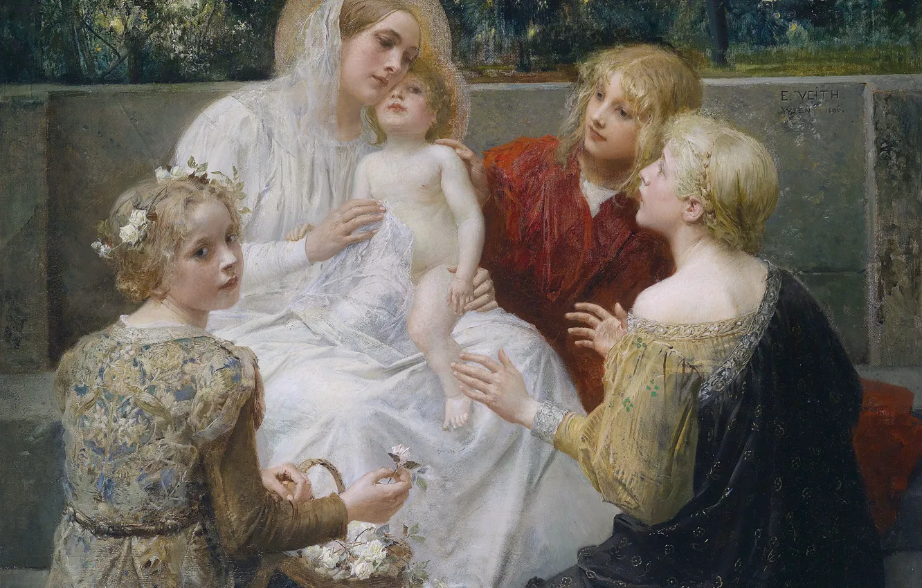 Photo wallpaper Jesus, picture, Madonna, Austrian artist, Madonna with Jesus surrounded by children, Edward Fait, Eduard Veith, …