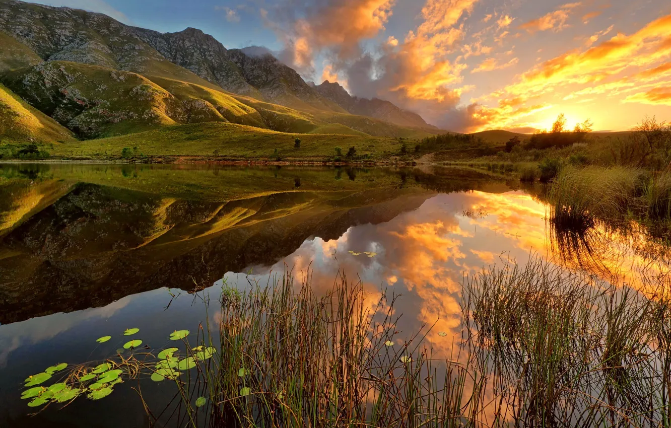 Photo wallpaper the sky, grass, water, the sun, clouds, lake, Mountains