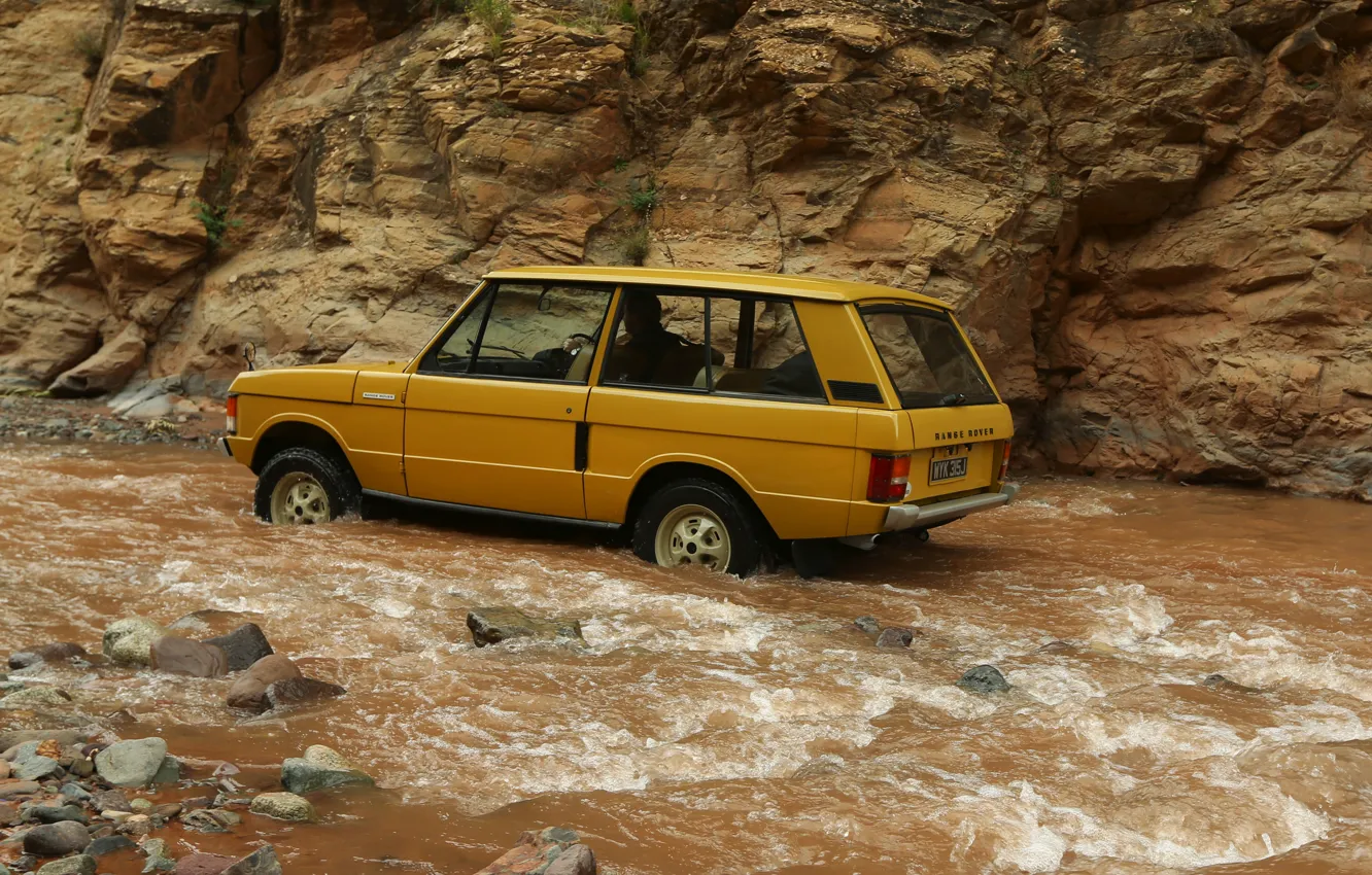 Photo wallpaper river, stones, stream, Land Rover, Range Rover, 1970, 4x4, SUV