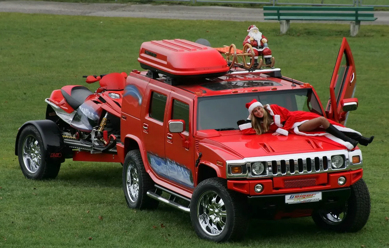 Photo wallpaper grass, Machine, the trailer, Hummer, snowmobile, the girl on the hood, red car, maiden resting