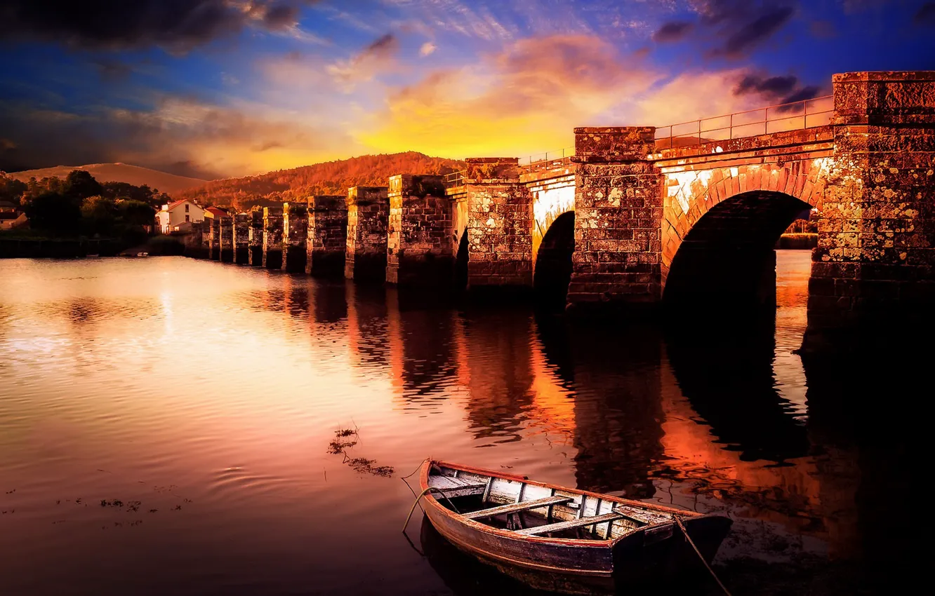 Photo wallpaper bridge, boat, Spain, Galicia, Ponte Nafonso, Ceilan