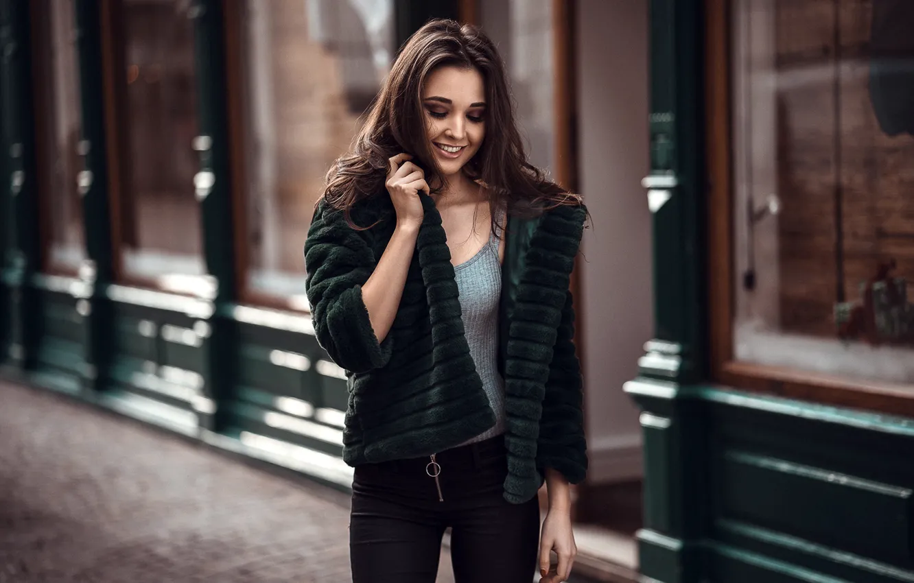 Photo wallpaper street, the building, makeup, Mike, figure, jacket, hairstyle, brown hair