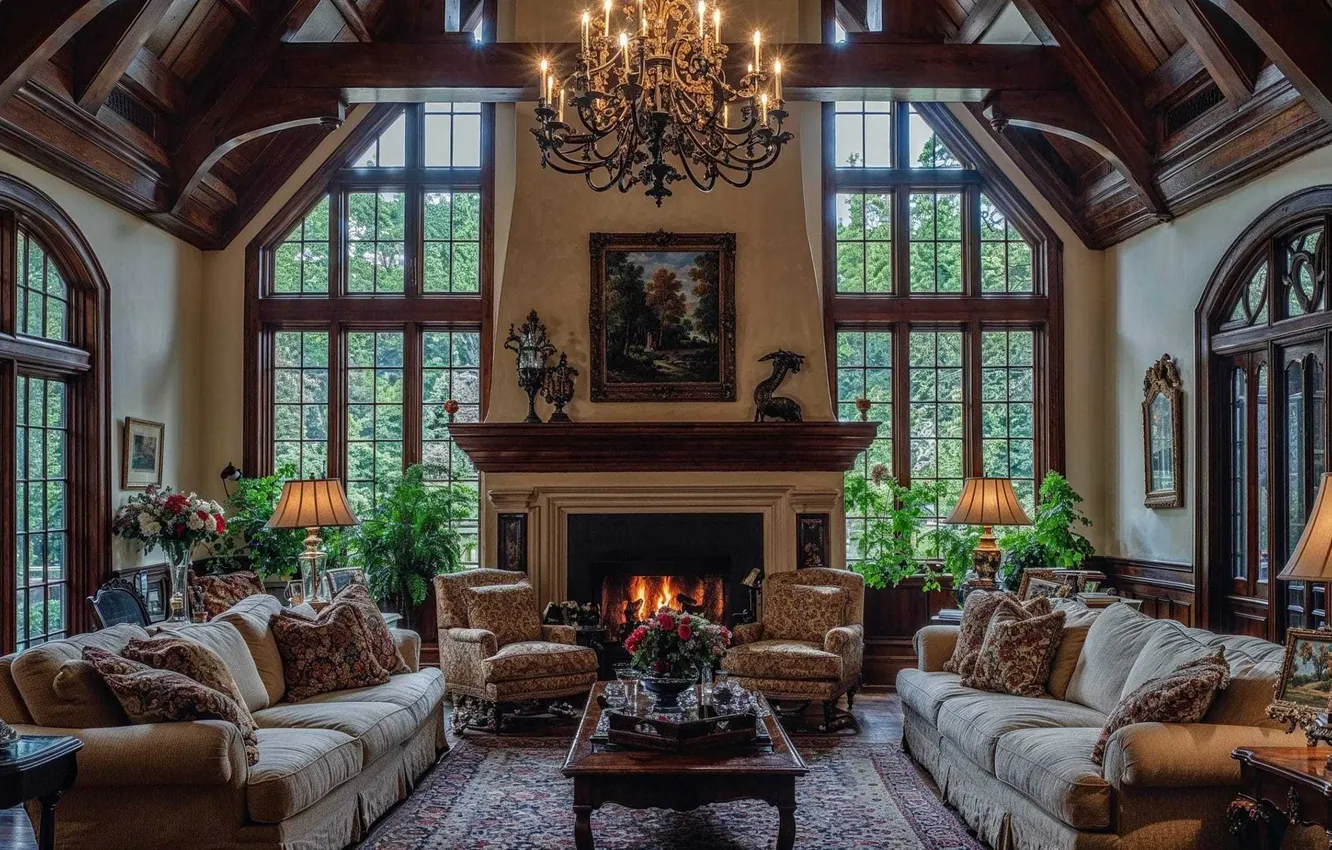 Wallpaper design, style, castle, interior, fireplace, living room, by ...