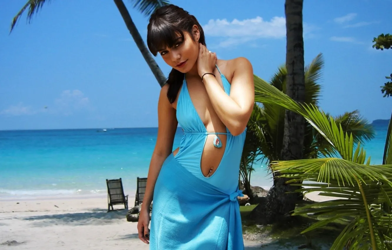 Photo wallpaper beach, palm trees, the ocean, actress, singer, American, Vanessa Hudgens, sexy babe