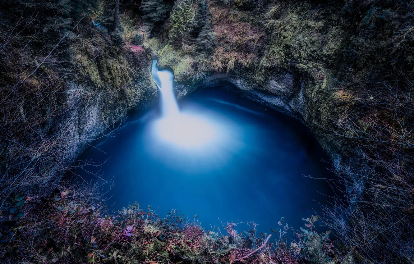 Photo wallpaper mountains, branches, lake, waterfall