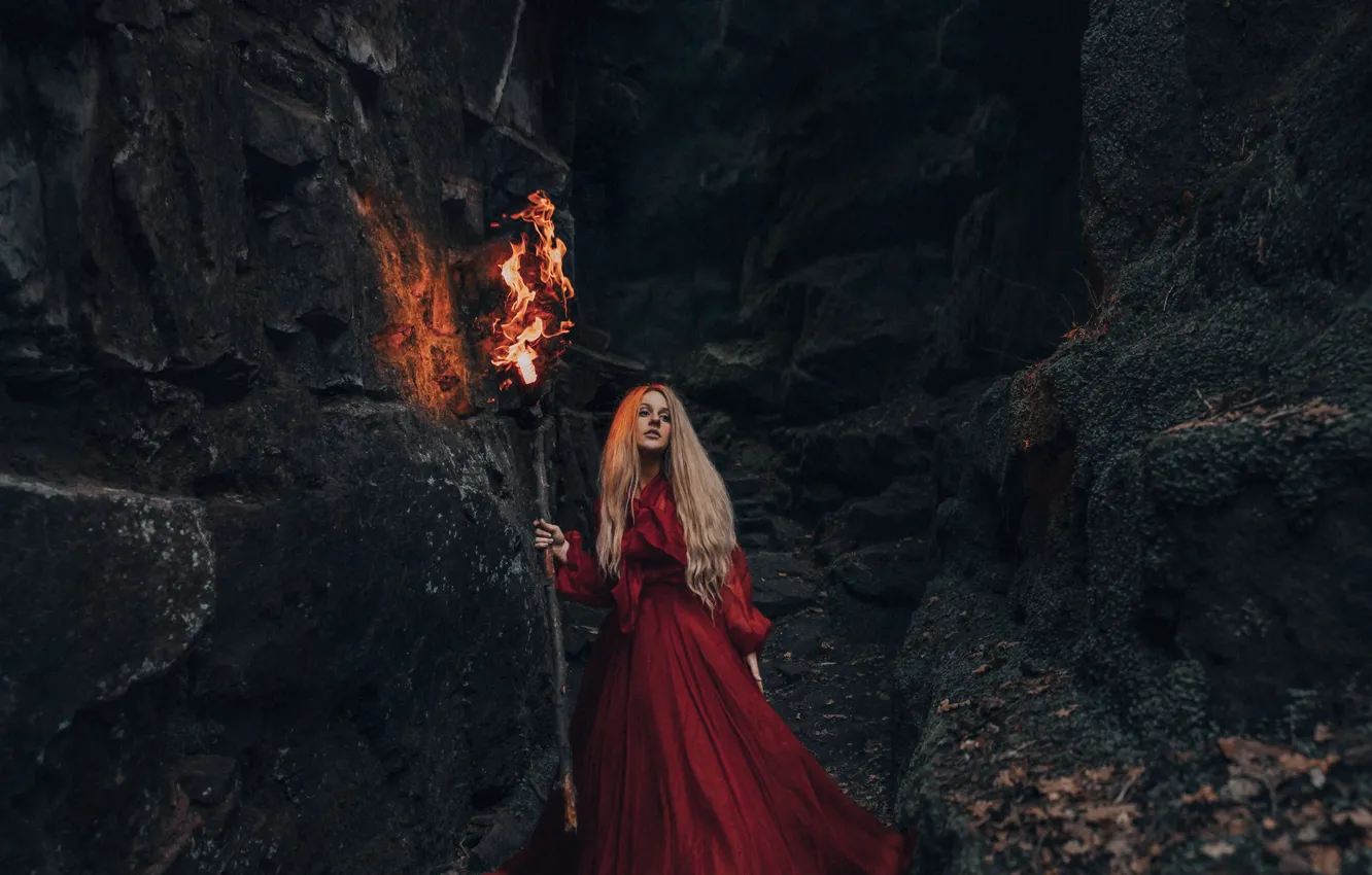 Photo wallpaper girl, rocks, torch, red dress, Bird Man
