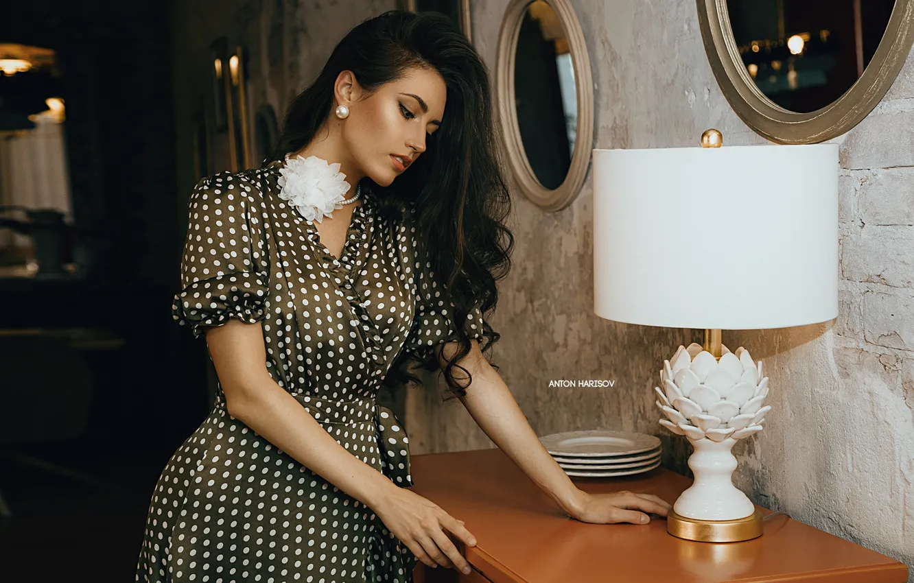 Photo wallpaper girl, pose, style, lamp, dress, brunette, long hair, polka dot