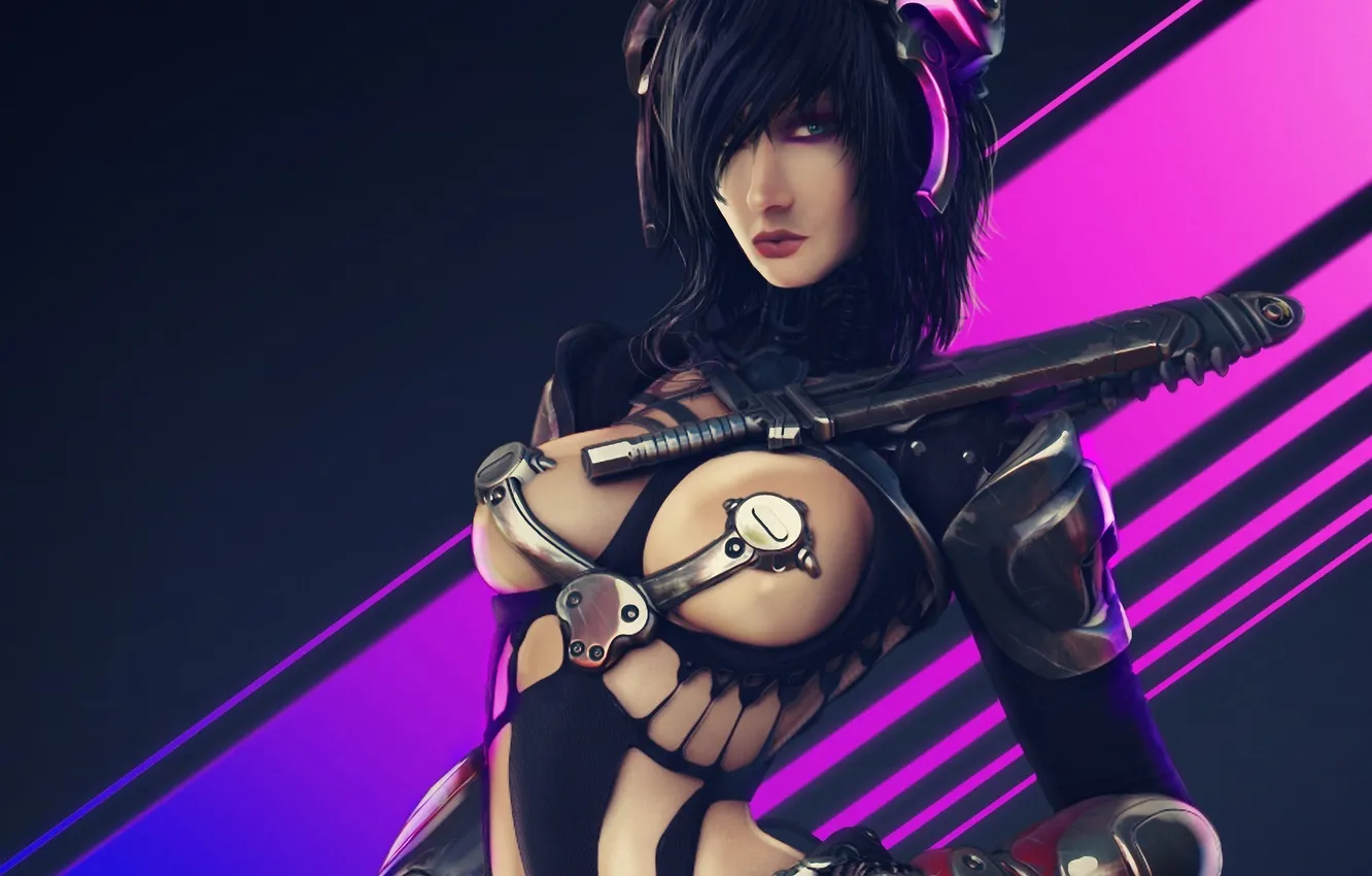 Photo wallpaper chest, girl, line, metal, weapons, robot, art, cyborg