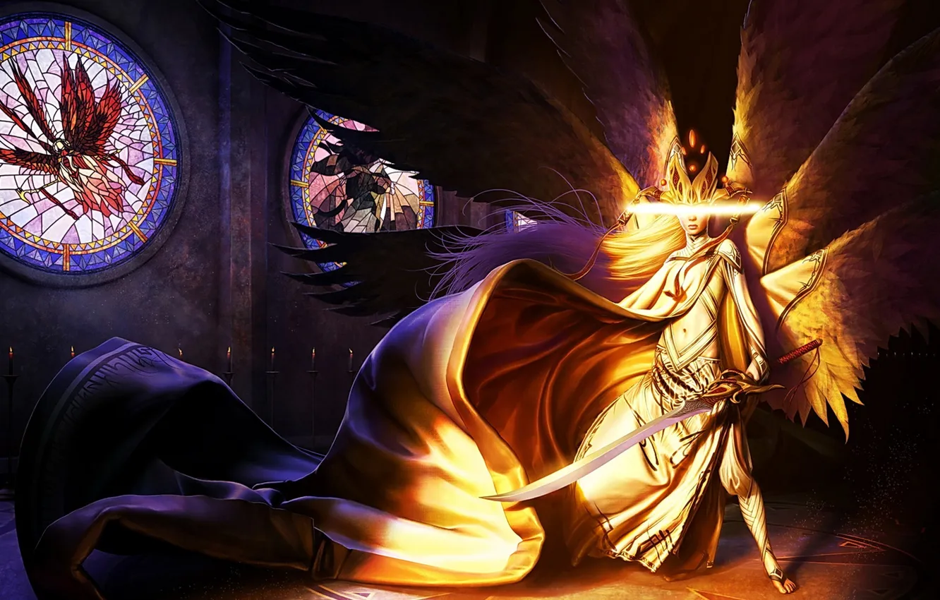 Photo wallpaper girl, magic, wings, sword, window, art, stained glass, cloak