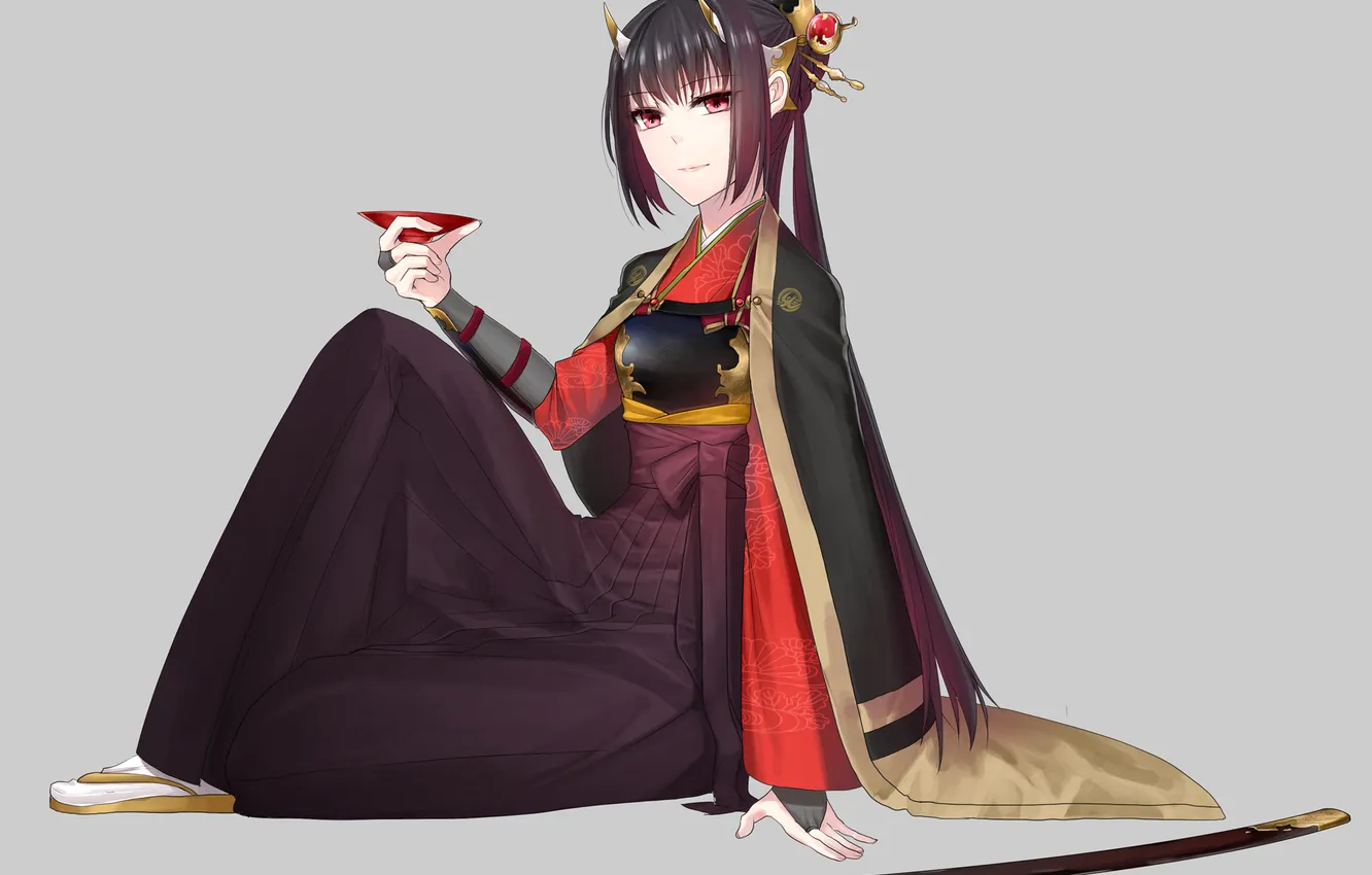 Photo wallpaper look, girl, smile, weapons, kimono, art