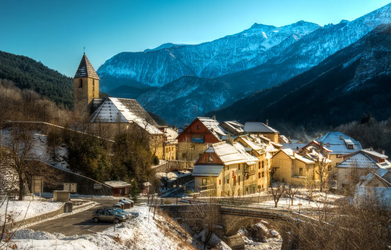Photo wallpaper winter, forest, snow, mountains, bridge, France, home, river