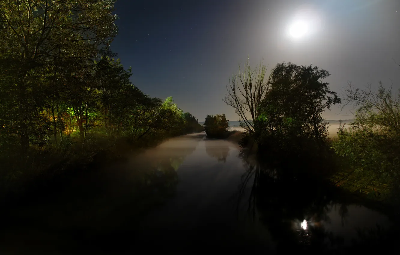 Photo wallpaper water, light, landscape, night, the moon, a month