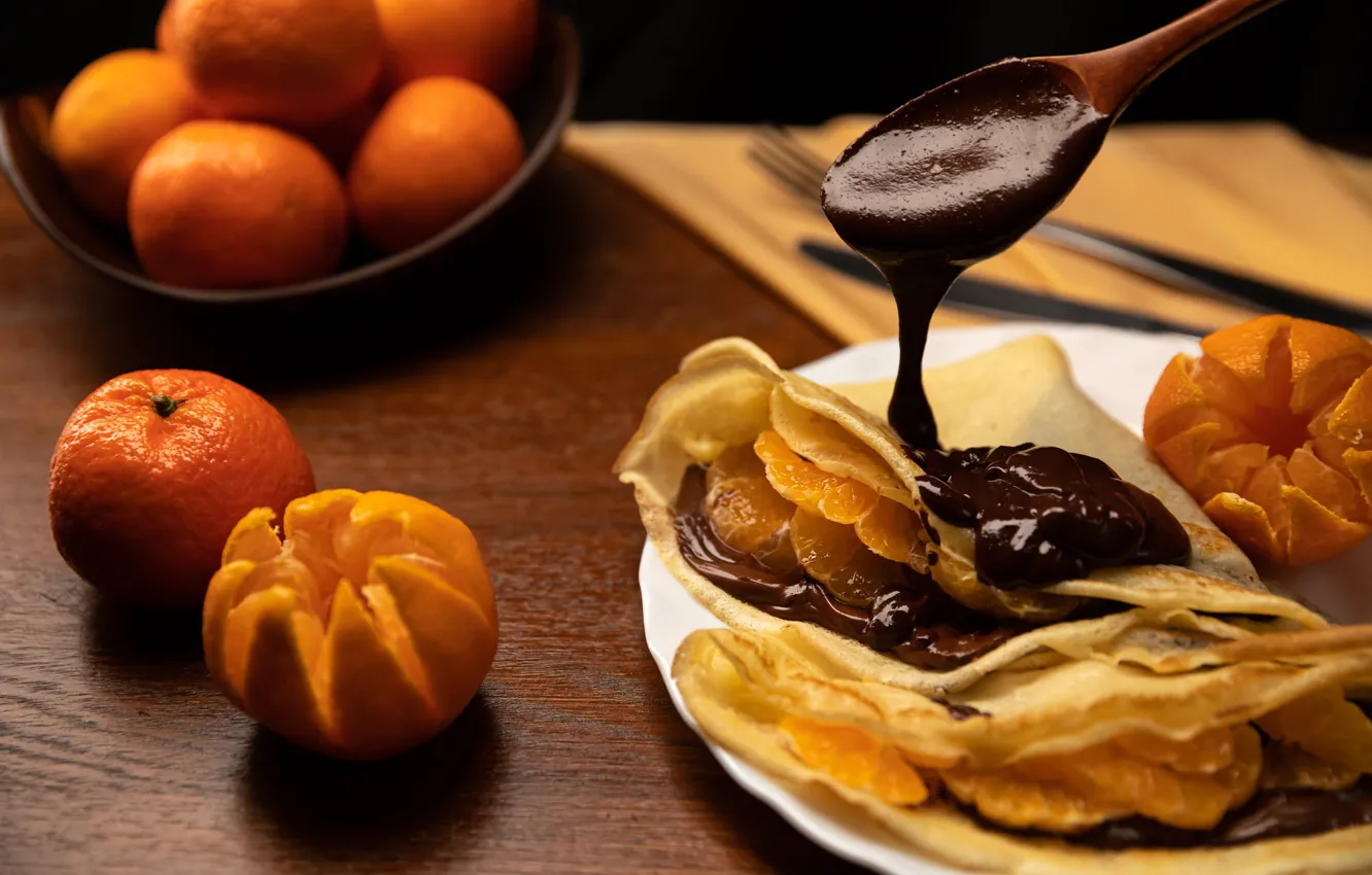 Photo wallpaper pancakes, tangerines, chocolate cream
