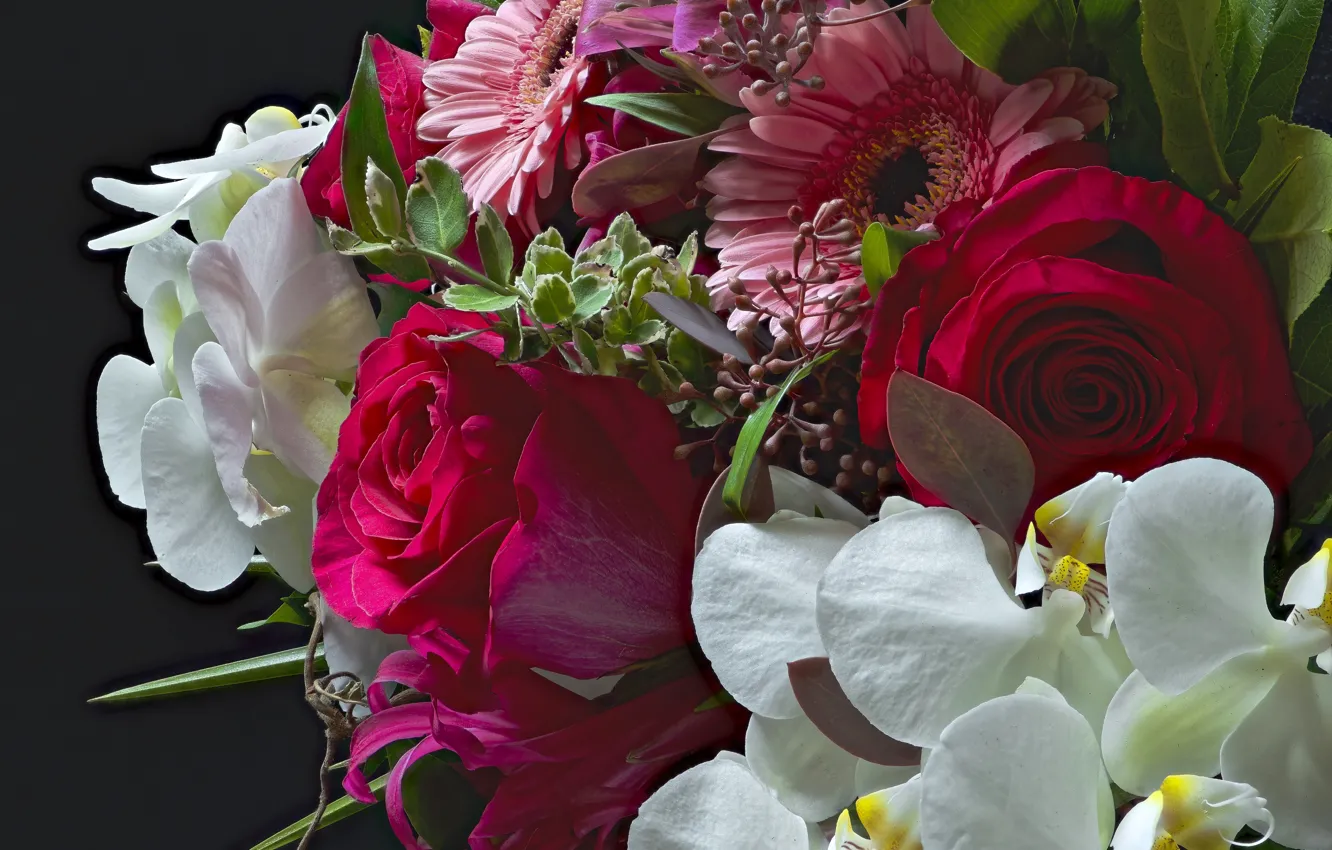 Photo wallpaper roses, bouquet, Orchid, gerbera