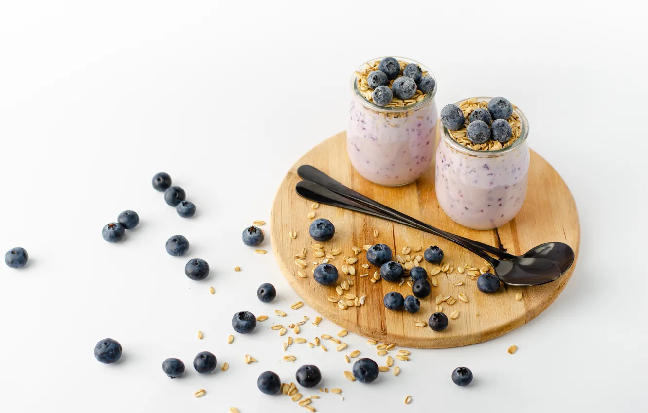 Photo wallpaper berries, blueberries, jars, dessert, muesli, spoon, yogurt