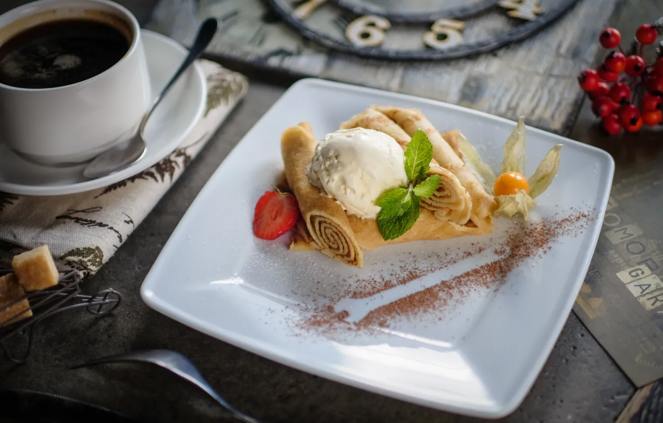 Photo wallpaper coffee, strawberry, ice cream, mint, dessert, physalis, pancakes