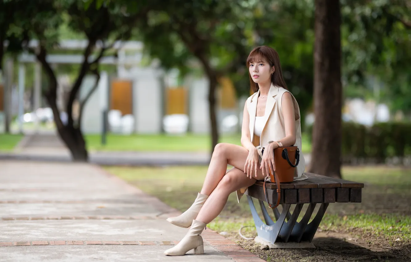 Photo wallpaper girl, Asian, bench