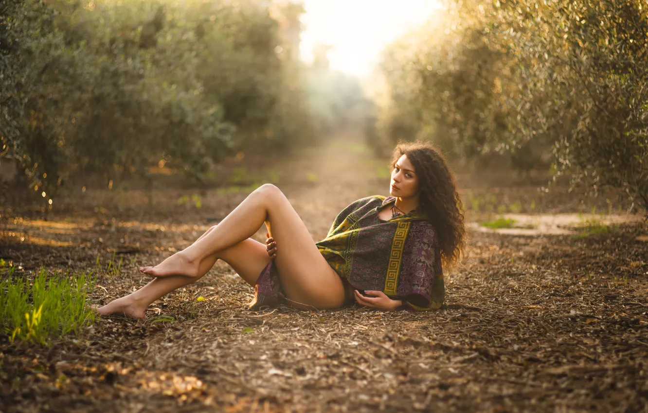 Photo wallpaper girl, nature, pose, feet, garden, curls