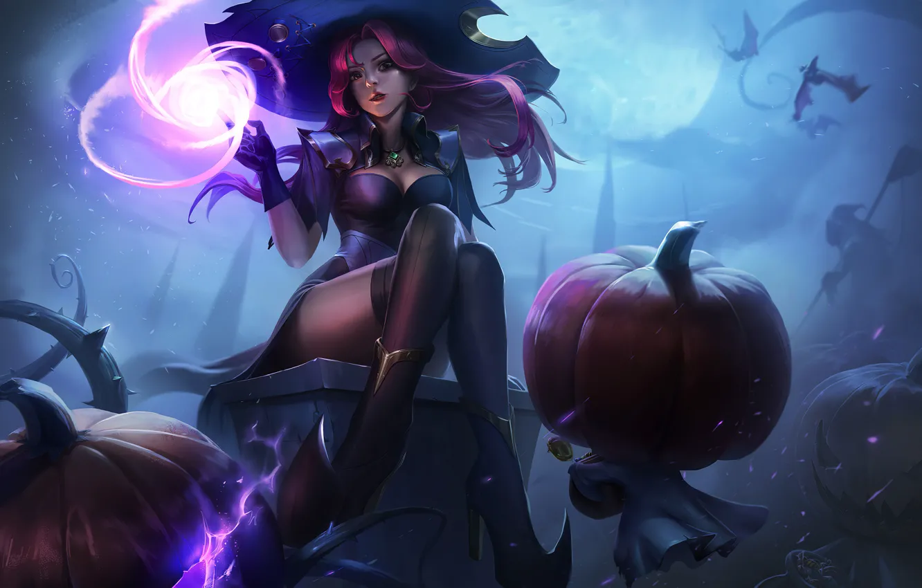 Photo wallpaper girl, night, the moon, fantasy, art, pumpkin, Halloween, witch